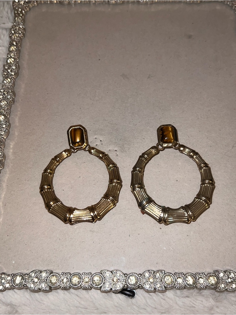 Gold Bamboo Hoop Earrings with Amber Stone